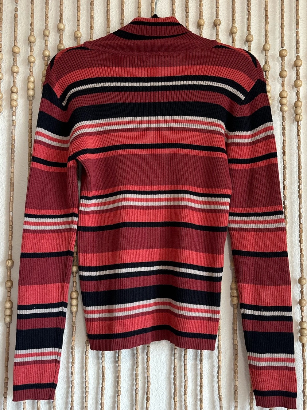 Orange Black Striped Ribbed Mock Neck Knit Twee Boho Grunge Stretchy Long Sleeve - Picture 3 of 5